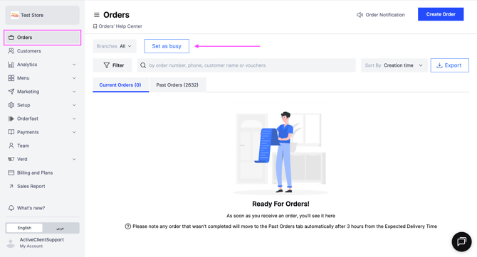 The Set as Busy button on the Orders page