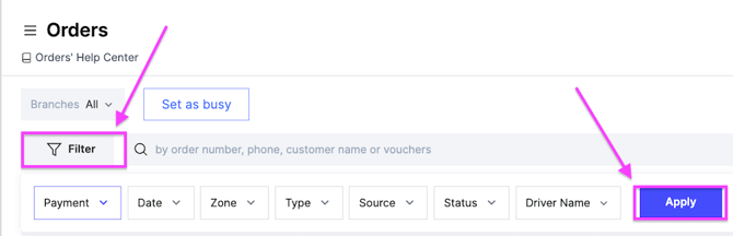The filter panel on the orders page