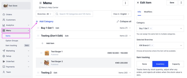 The Add Category button on the Items page