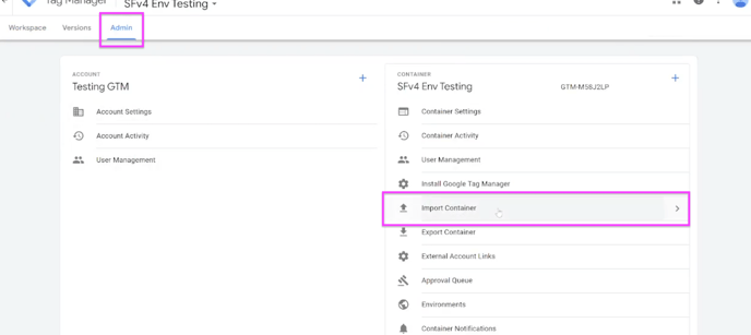 The Import Container option under Admin