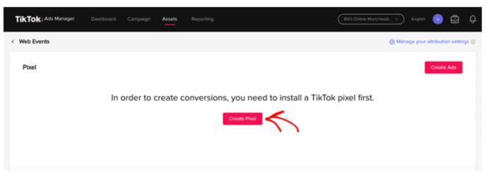 The Create Pixel button in TikTok Ads