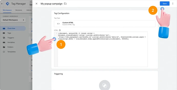 The Popupsmart embed code pasted into the HTML field