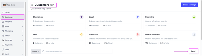 The Export button on the Customers page