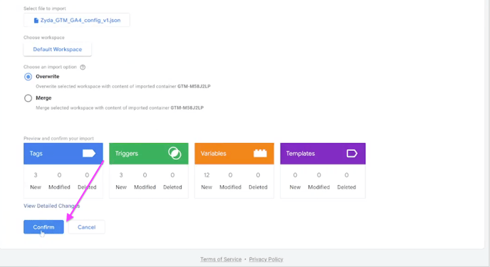 The Confirm button at the bottom of the import page