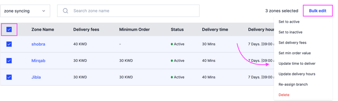 The Bulk Edit actions for delivery zones