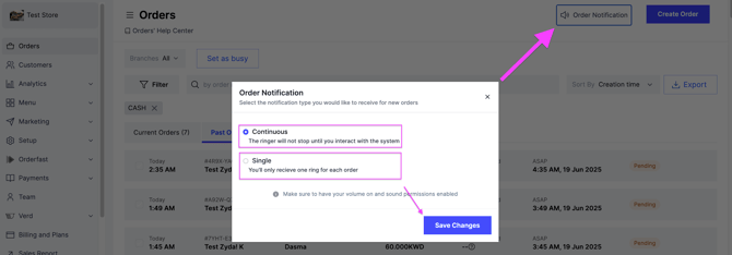 The order notification sound options