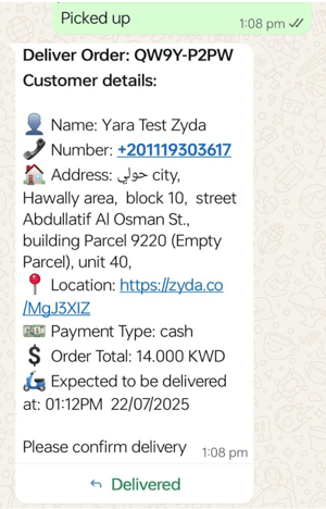 The WhatsApp message with the customer and delivery details