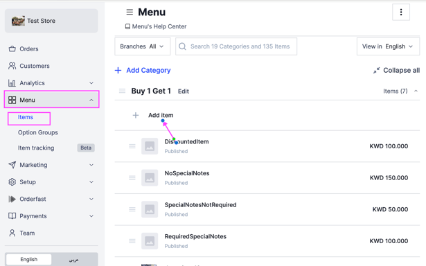 The Items page with the Add Item button