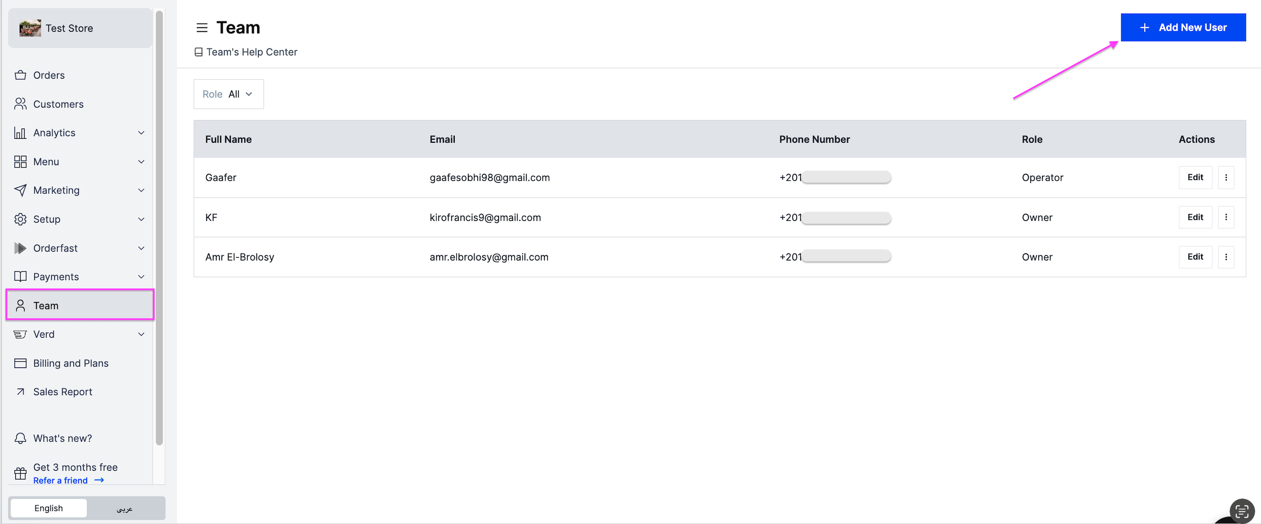 The Add New User button on the Team page