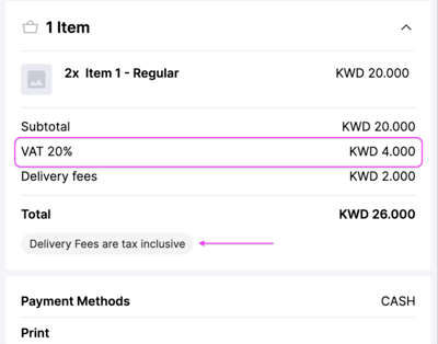 VAT on the order card