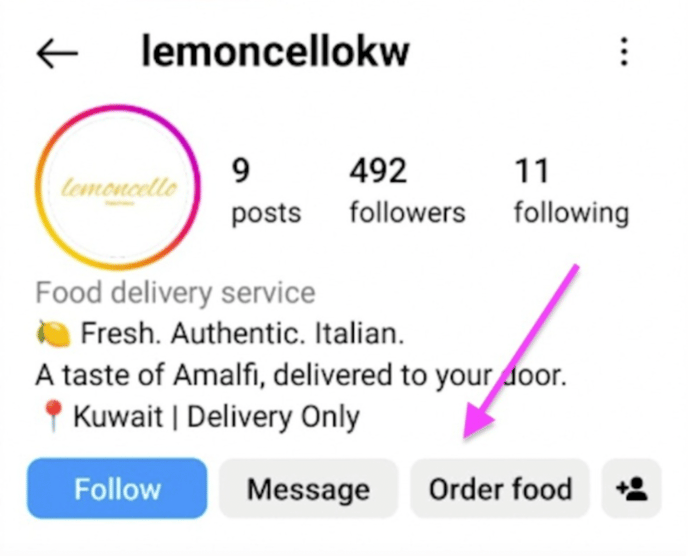 The Order Food button connecting a store to Facebook and Instagram