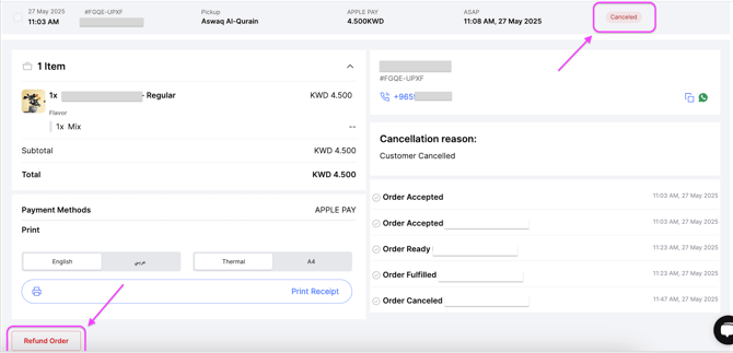 A cancelled order open on the dashboard