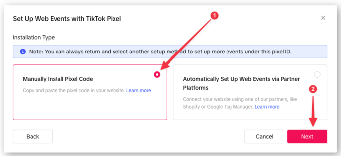 Choosing to install the pixel code manually