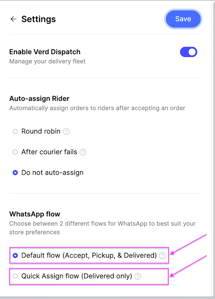 Choosing the WhatsApp notification flow in Verd settings