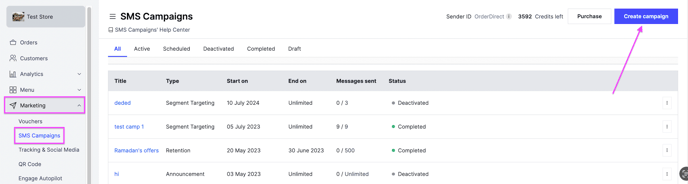 The Create Campaign button on the SMS Campaigns page
