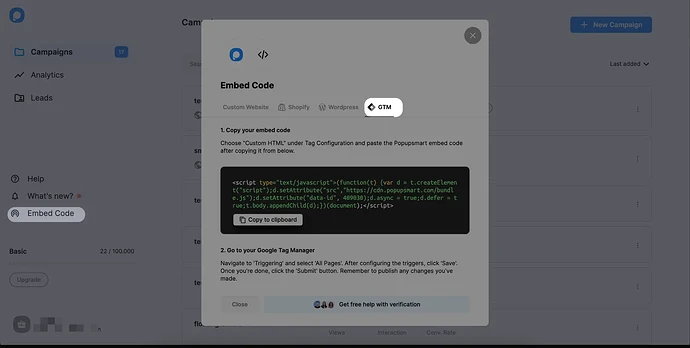 The embed code window with the GTM tab open