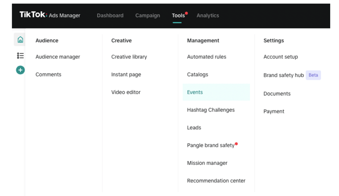 The Tools menu with Events in TikTok Ads