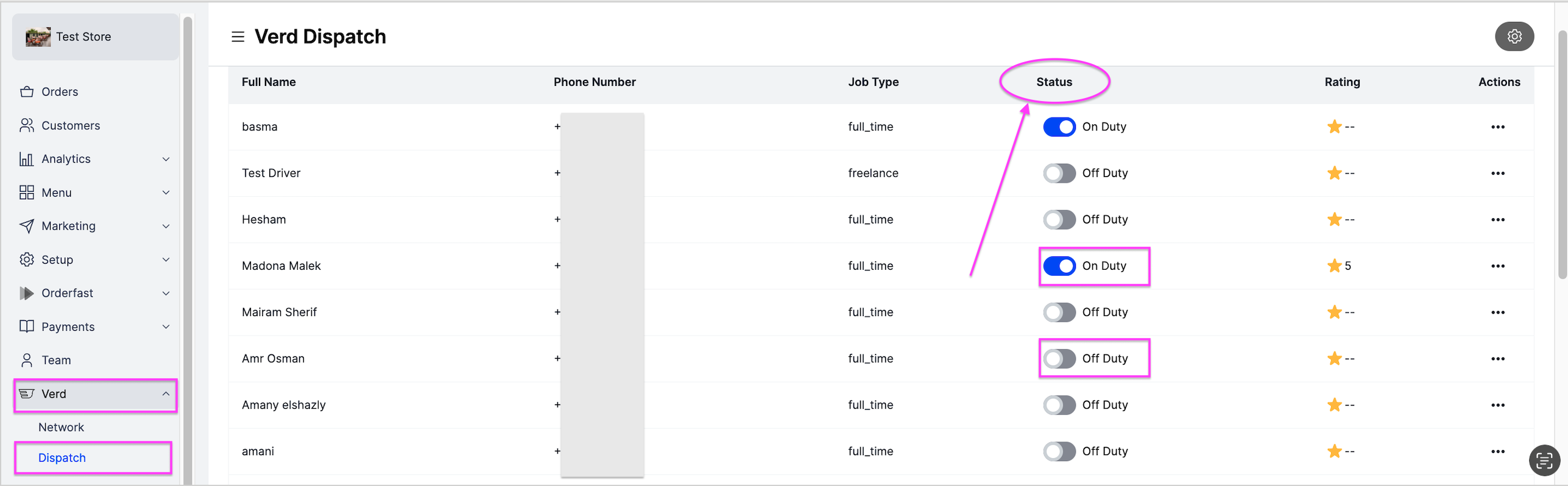 Setting a rider's status to available or off duty