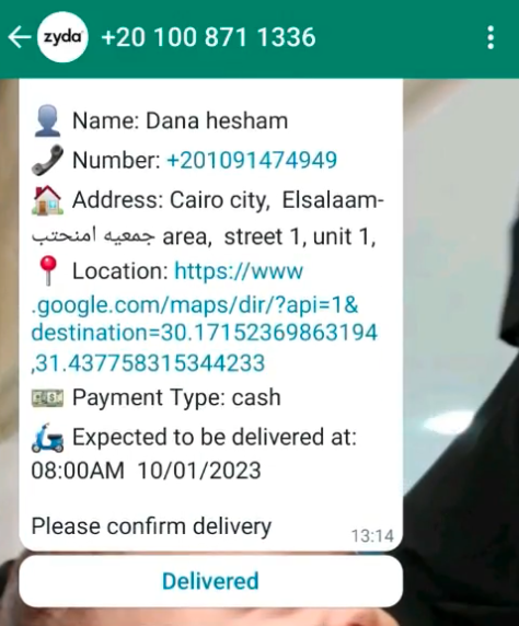 Order details sent to a driver over WhatsApp