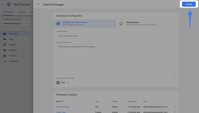 The Publish button on the tag manager dashboard
