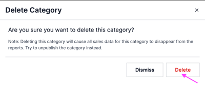 The confirmation window for deleting a category