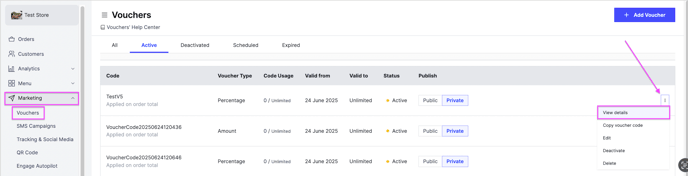 The vouchers list in the dashboard