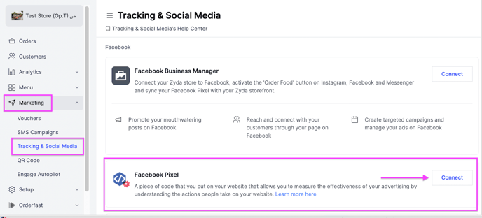 The Connect button next to Facebook Pixel