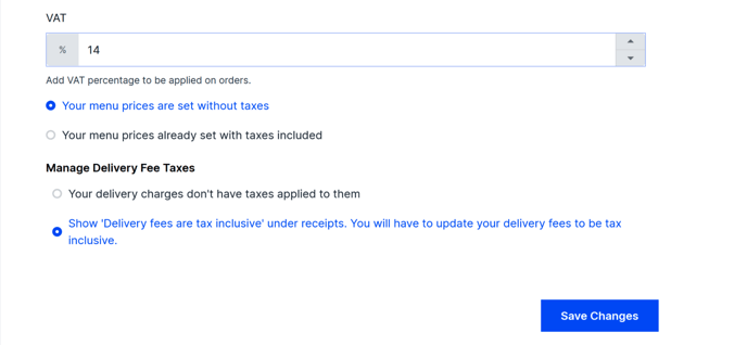 The Manage Delivery Fee Taxes setting under Business Information
