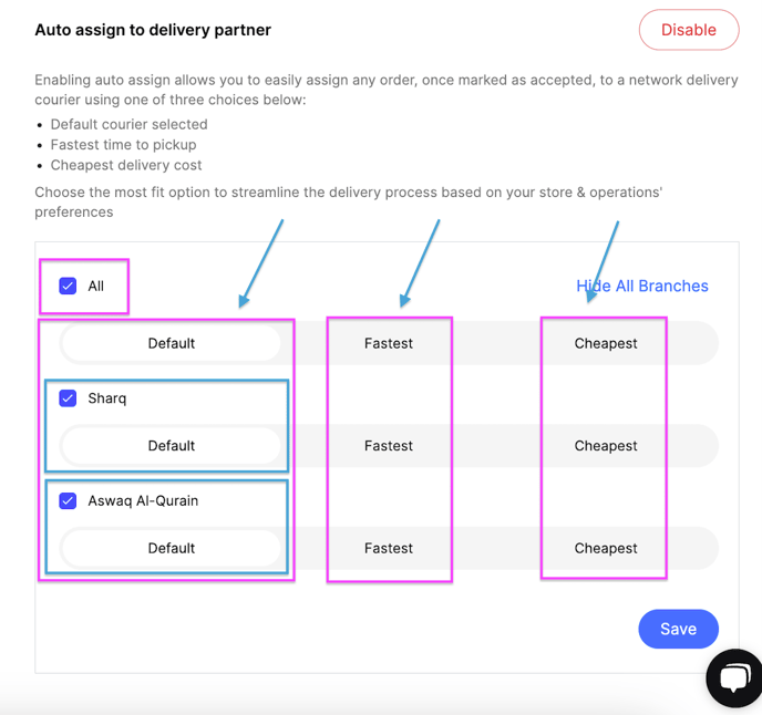 The auto assign to delivery partner setting