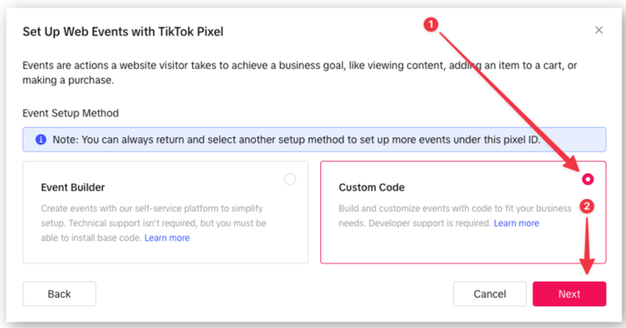 Choosing Custom Code as the event setup mode