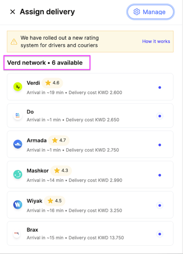 The assign pop-up listing Verd Network couriers