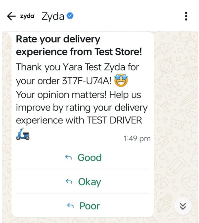 The WhatsApp message asking a customer to rate the delivery