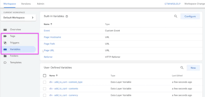 The imported tags, triggers and variables in the workspace