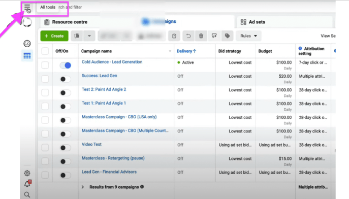 The All Tools menu in Facebook Business