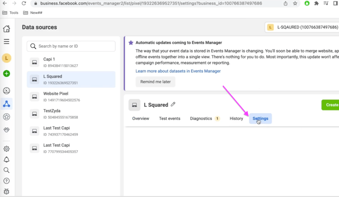The Settings tab in Facebook Events Manager