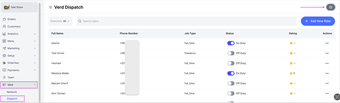 The Settings icon on the Verd page
