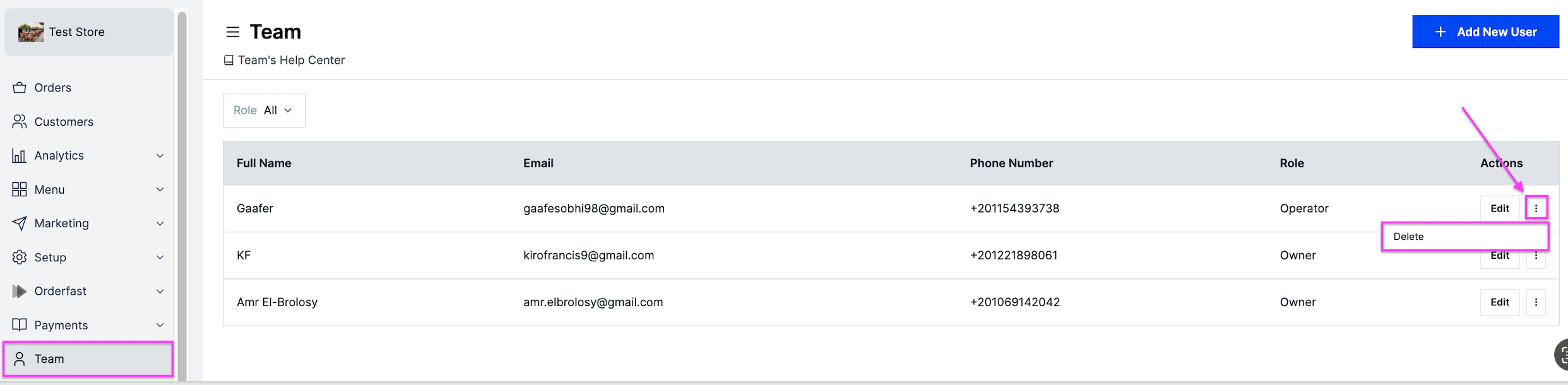 The Delete option next to a user in Team