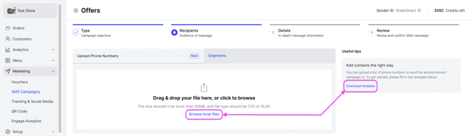 Uploading the phone number file