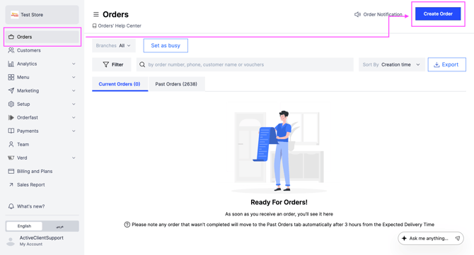 The Create Order button on the Orders page