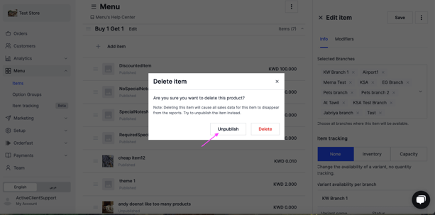 Choosing Unpublish for an item