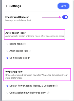 Enabling Verd Dispatch and saving