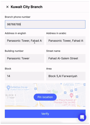 Confirming a branch location and address