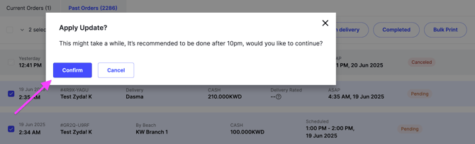 The confirmation step for a bulk status change