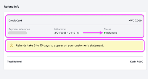 An order showing the refunded status