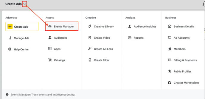 The Events Manager option in the Create Ads menu