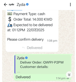 The WhatsApp message with the Delivered button