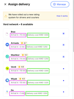 Choosing a Verd Network courier by price or pickup time