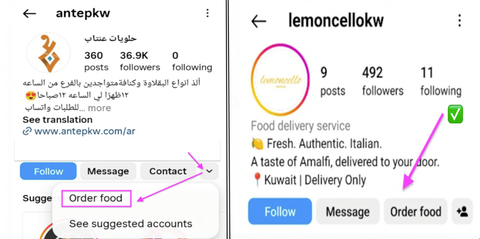 The Order Food button on a social media page