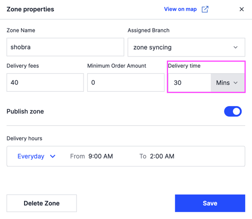 The delivery time field on a zone