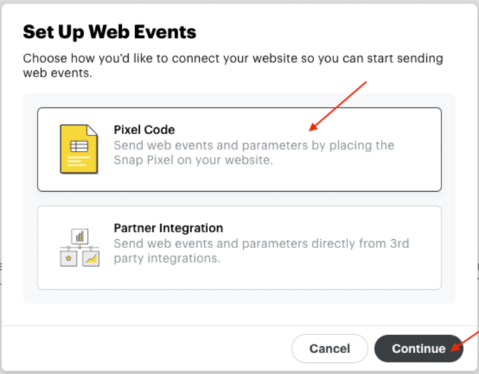 The pixel code step in Snapchat Ads Manager
